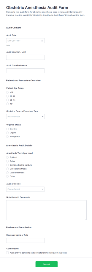 Obstetric Anesthesia Audit Form Template