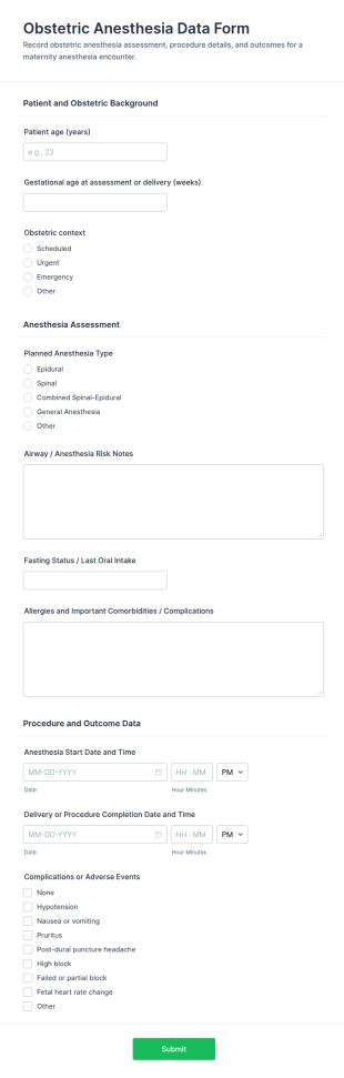Obstetric Anesthesia Data Form Template