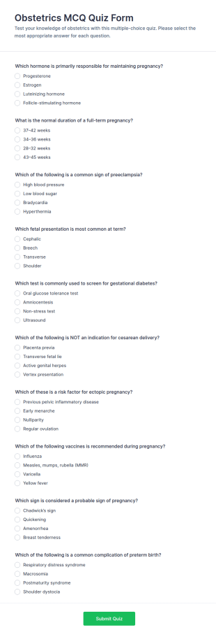 Obstetrics MCQ Quiz Form Template