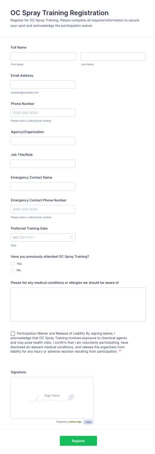 OC Spray Training Registration Form Template