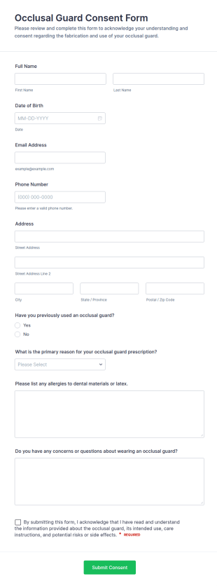 Occlusal Guard Consent Form Template