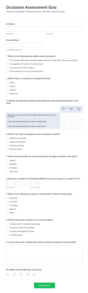 Occlusion Assessment Quiz Form Template