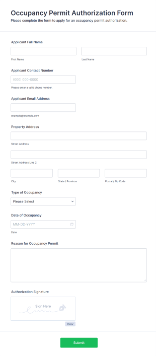 Occupancy Permit Authorization Form Form Template