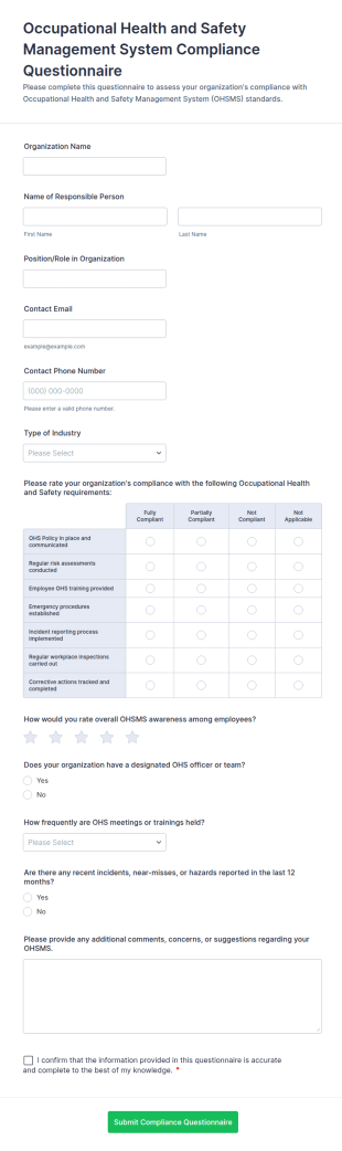 Occupational Health And Safety Management System Compliance Questionnaire Form Template
