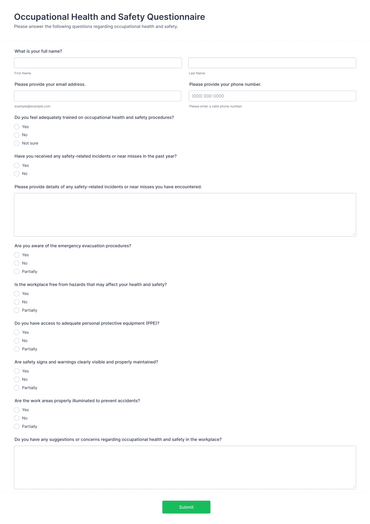 Occupational Health and Safety Questionnaire Form Template | Jotform