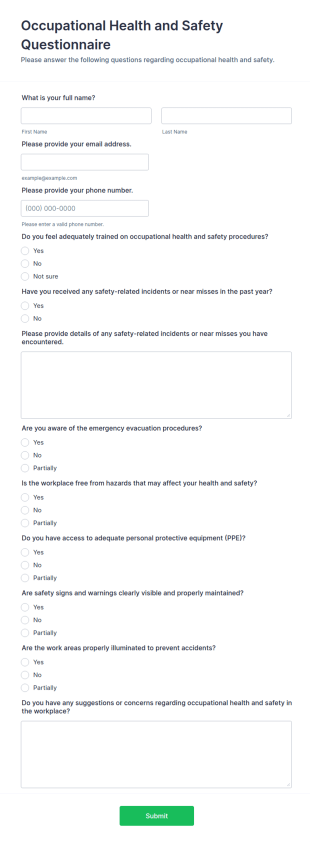 Occupational Health And Safety Questionnaire Form Template