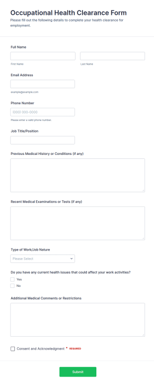 Occupational Health Clearance Form Template