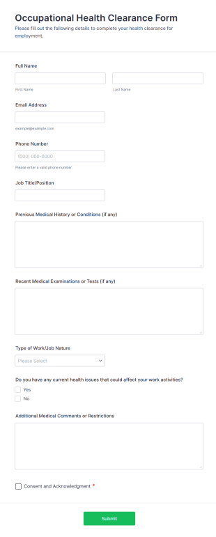 Occupational Health Clearance Form Template