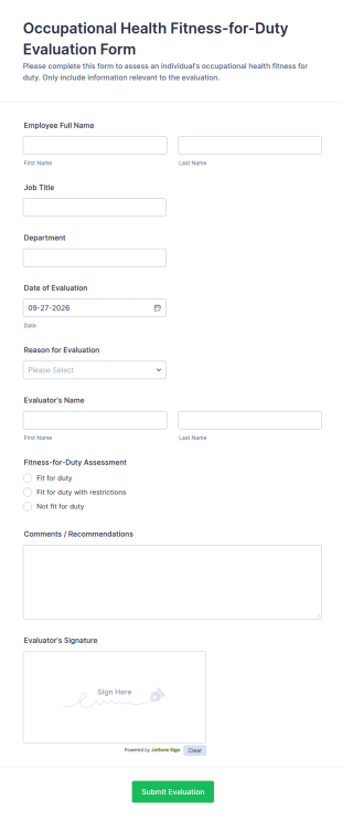 Occupational Health Fitness For Duty Evaluation Form Template