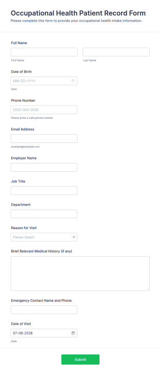 Occupational Health Patient Record Form Template