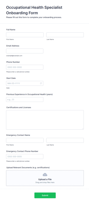 Occupational Health Specialist Onboarding Form Template