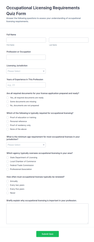 Occupational Licensing Requirements Quiz Form Template