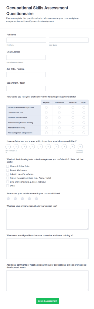 Occupational Skills Assessment Questionnaire Form Template