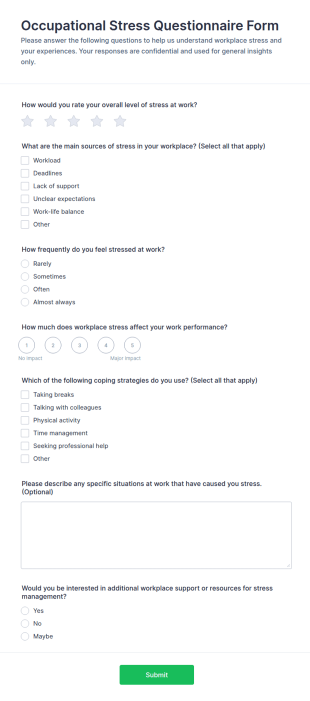 Occupational Stress Questionnaire Form Template