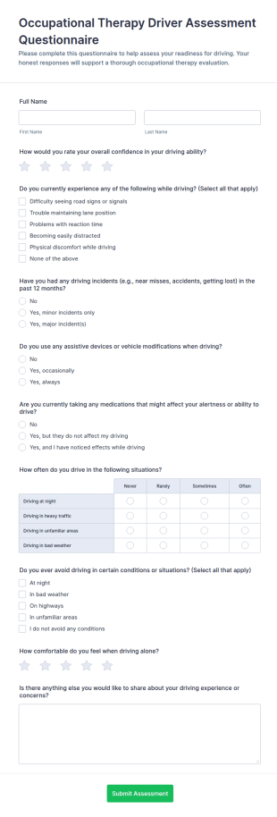 Occupational Therapy Driver Assessment Questionnaire Form Template