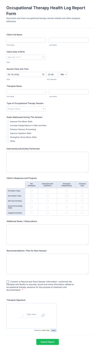 Occupational Therapy Health Log Report Form Template