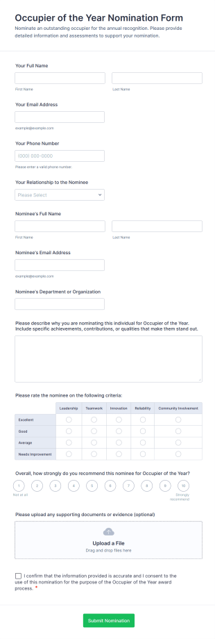 Occupier Of The Year Nomination Form Form Template