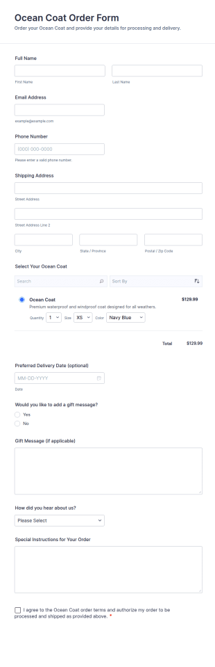 Ocean Coat Order Form Template