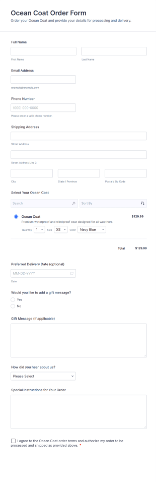 Ocean Coat Order Form Template