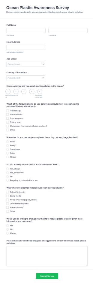 Ocean Plastic Awareness Survey Form Template
