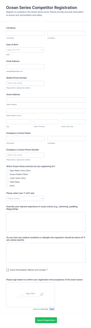 Ocean Series Competitor Registration Form Template