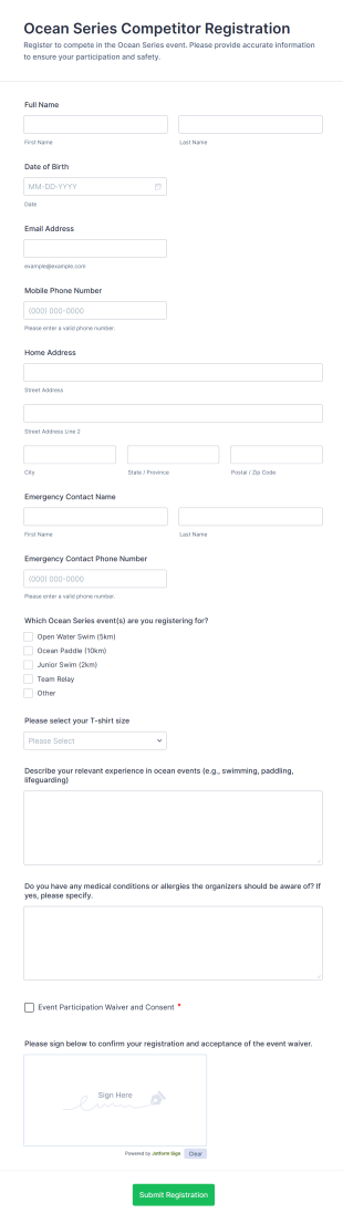 Ocean Series Competitor Registration Form Template