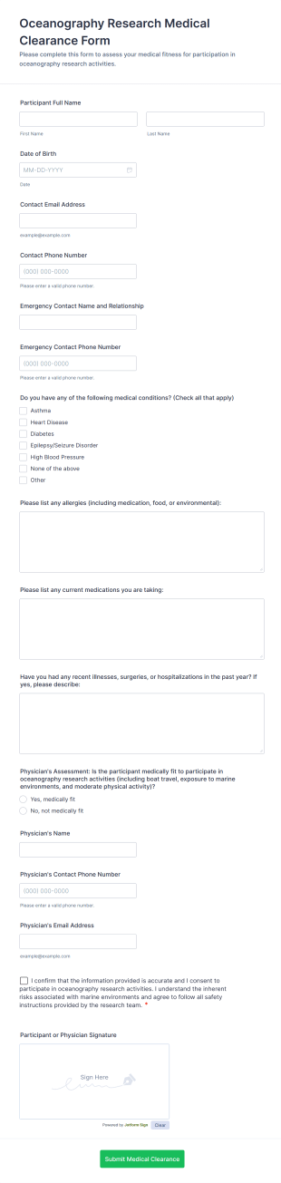 Oceanography Research Medical Clearance Form Template