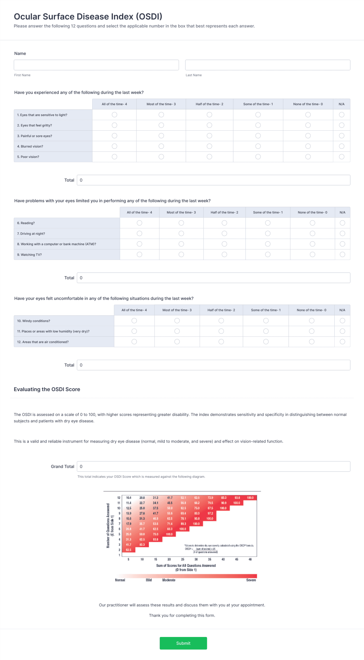 Ocular Surface Disease Index (OSDI) Form Template | Jotform