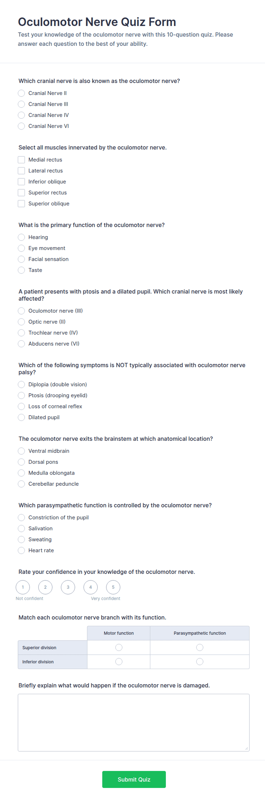 Oculomotor Nerve Quiz Form Template | Jotform