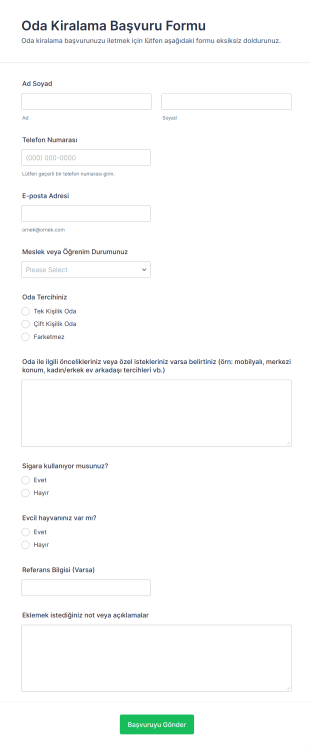 Oda Kiralama Başvuru Form Şablonu
