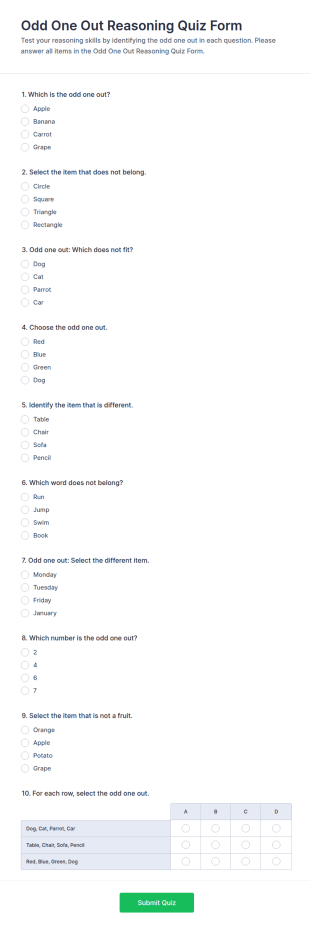 Odd One Out Reasoning Quiz Form Template