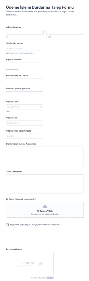 Ödeme Durdurma Form Şablonu