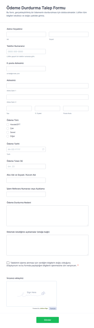 Ödeme Durdurma Talep Form Şablonu