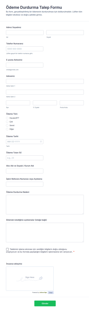 Ödeme Durdurma Talep Form Şablonu