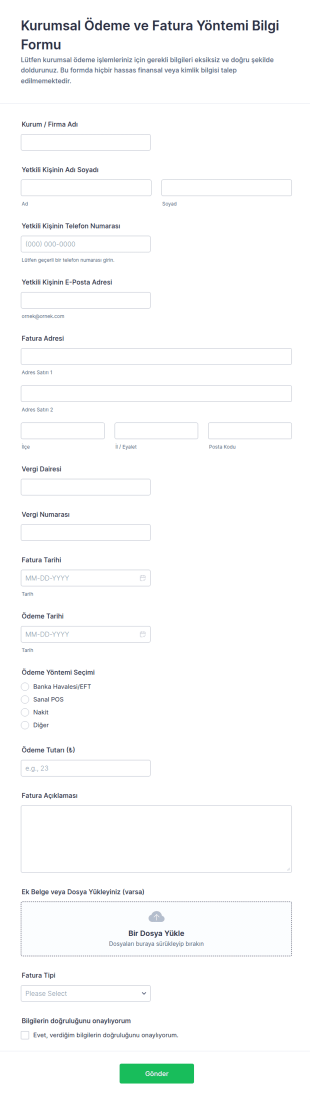 Ödeme Yöntemi Bilgi Form Şablonu
