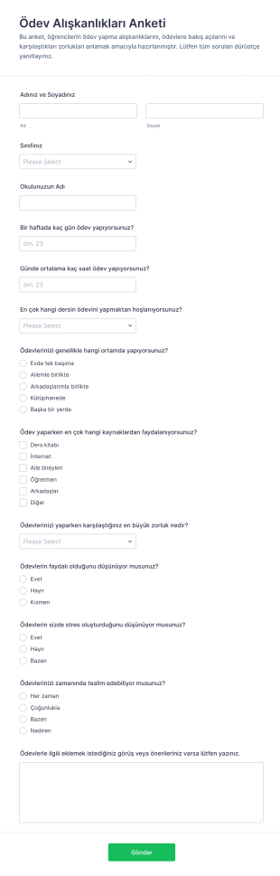 Ödev Alışkanlıkları Anketi Form Şablonu