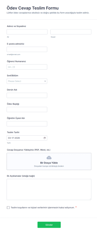 Ödev Cevap Teslim Form Şablonu