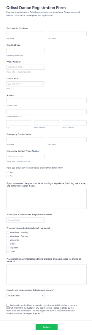 Odissi Dance Registration Form Template