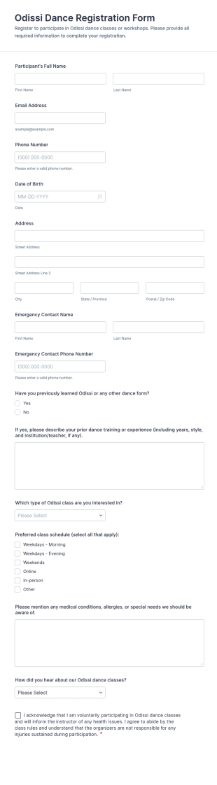 Odissi Dance Registration Form Template