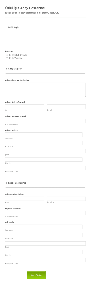 Odul Icin Aday Gosterme Form Şablonu