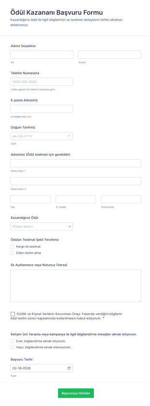 Ödül Kazananı Başvuru Form Şablonu