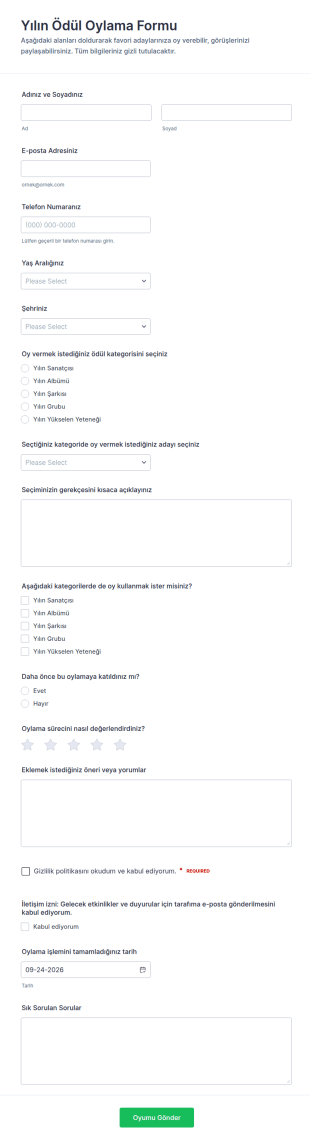 Ödül Oylama Anketi Form Şablonu