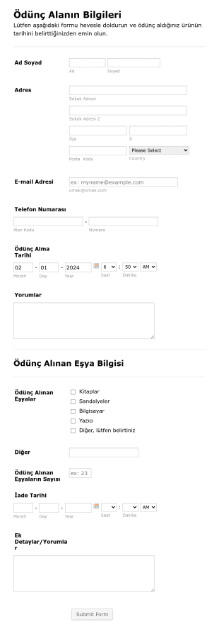 Ödünç Alınan Eşya Takip Form Şablonu