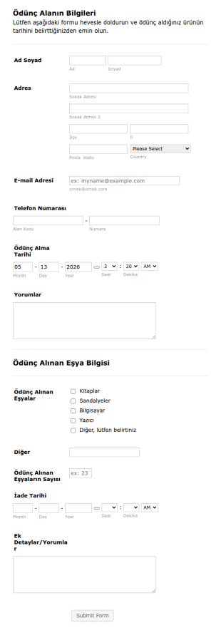 Ödünç Alınan Eşya Takip Form Şablonu