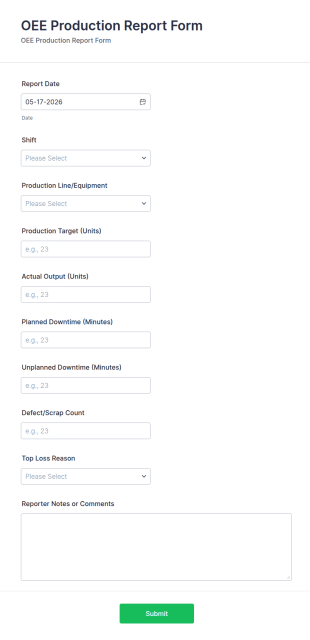 OEE Production Report Form Template