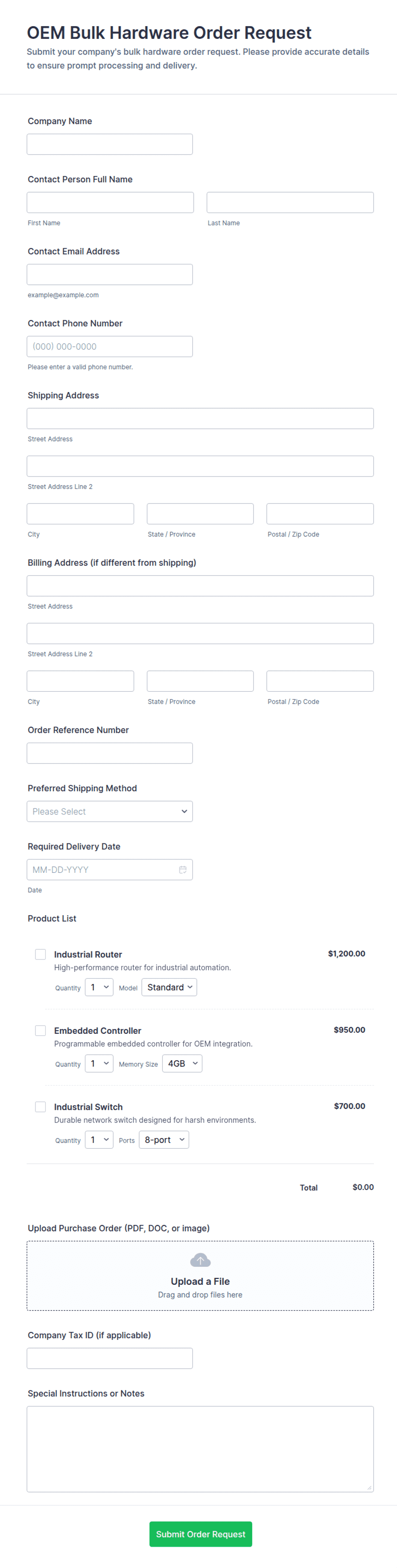Computer Hardware Order Webform OEM Bulk Hardware Order Request Form Template | Jotform