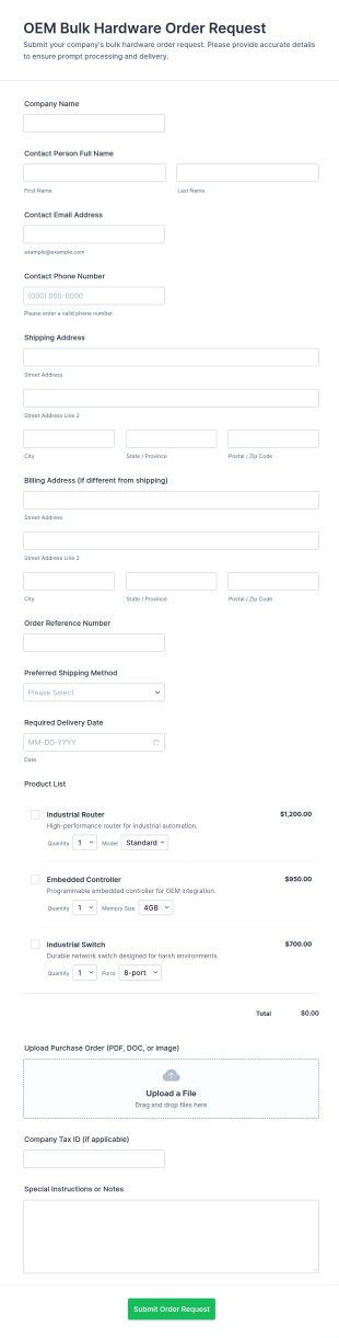OEM Bulk Hardware Order Request Form Template
