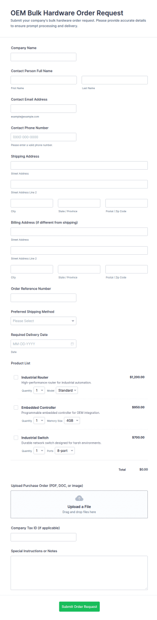 OEM Bulk Hardware Order Request Form Template
