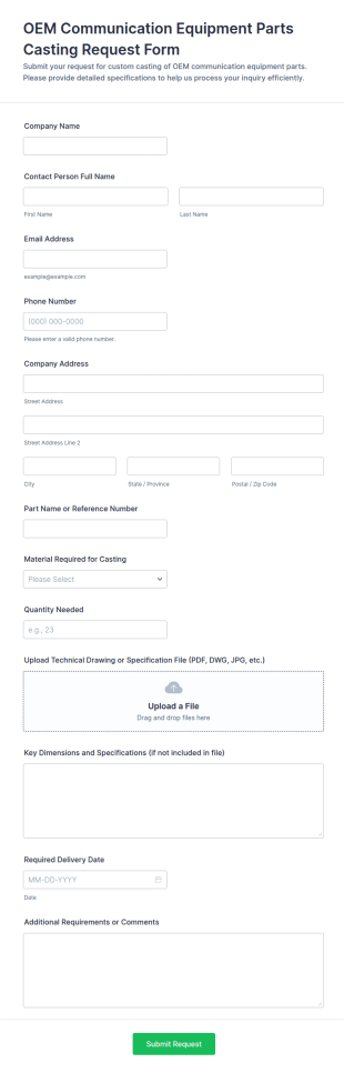 OEM Communication Equipment Parts Casting Request Form Template