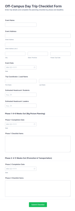 Off Campus Day Trip Checklist Form Template